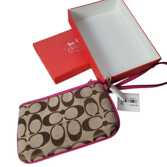 Coach Signature Khaki/Fuchsia Small Wristlet With Box & Tags - Picture 11 of 12